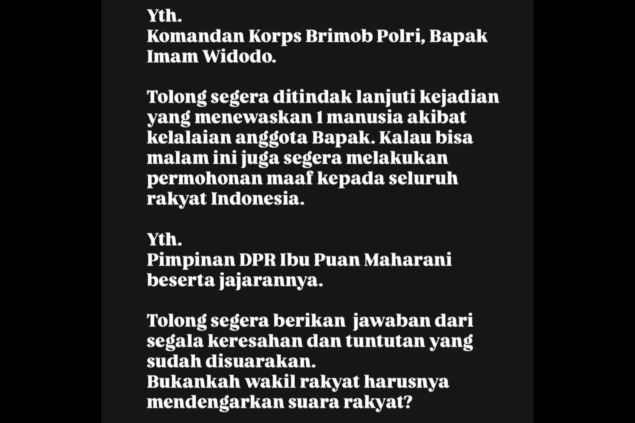 Driver Ojol Meninggal Dilindas Mobil Rantis Brimob di Jakarta, Kiky Saputri Bikin Surat Terbuka, Ini Isinya - Image